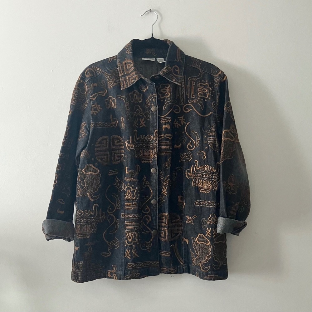 Chico's Embroidered Denim Jacket Black and Brown Boho Western Size 1 medium - Picture 3 of 6